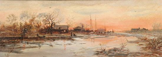 AMERICAN SCHOOL (late 19th century). RIVER VIEW AT SUNSET IN WINTER, oil on