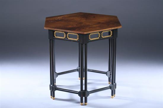 EBONIZED AND PARCEL-GILT HEXAGONAL SIDE TABLE, late 20th century, Baker. -