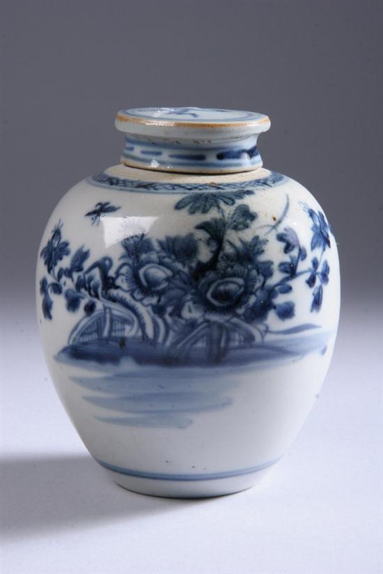 CHINESE BLUE AND WHITE PORCELAIN JAR AND COVER, Qing Dynasty. - 5 in. high.