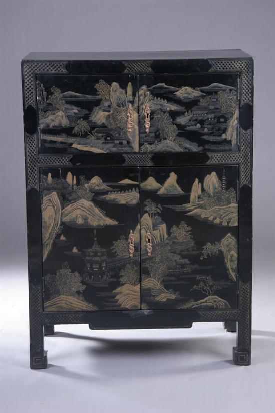 CHINESE POLYCHROME BLACK LACQUERED WOOD CABINET. - 40 in. x 28 3/4 in. x15