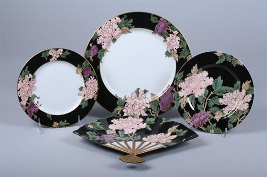 62-PIECE FITZ AND FLOYD DINNER SERVICE, Cloisonne Peony - black pattern. -