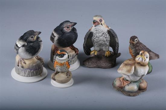 SIX BOEHM PORCELAIN FIGURES OF FLEDGLINGS, Stamped underside. - 4 in. to 5