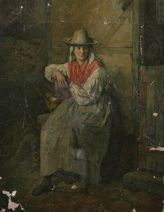 CONTINENTAL SCHOOL (19th century). SEATED PEASANT WOMAN, signed Madou/Masau