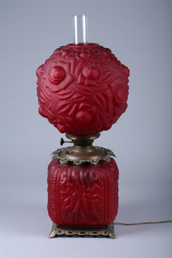 RED SATIN GLASS PARLOR LAMP, - 23 in. high.
