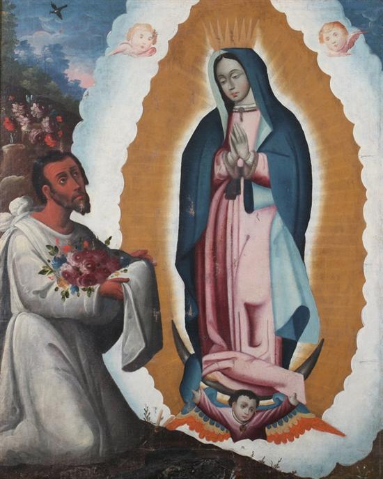 MEXICAN SCHOOL (18th century). THE VIRGIN OF GUADALUPE APPEARING TO JUAN DI
