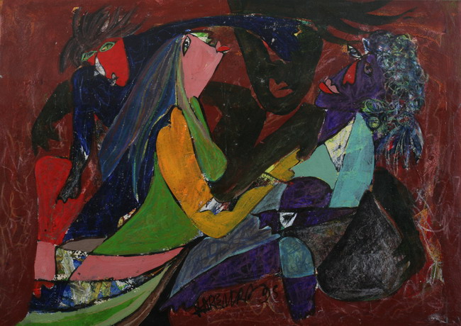 NARENDA PAL SINGH (Indian, 20th century). THREE WOMEN, Acrylic on canvas; s