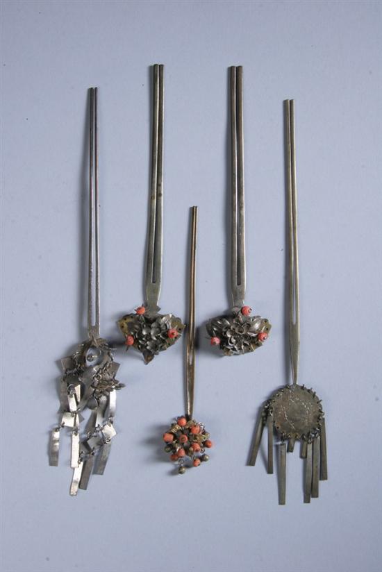FIVE CHINESE SILVER HAIRPINS, Late 19th/early Republic period. - 6 1/2 in.