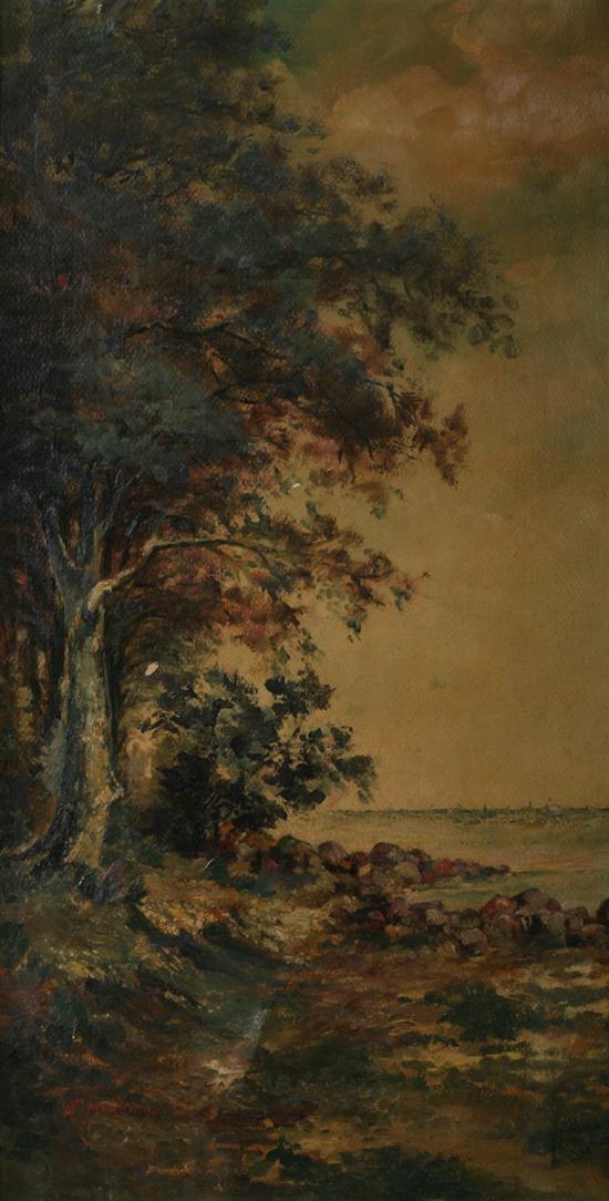 AMERICAN SCHOOL (19th century). FOREST LANDSCAPE, oil on boardC.