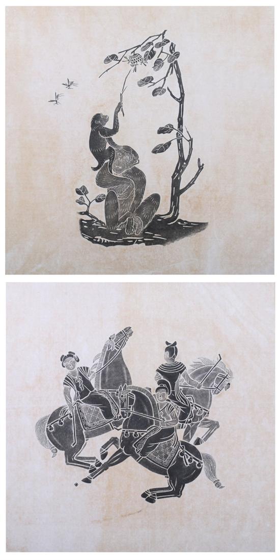 ANONYMOUS (Chinese, 20th century). THREE FEMALE EQUESTRIANS, TWO MONKEYS, T