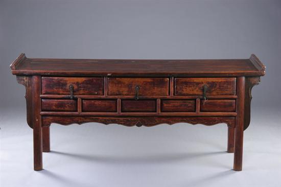 CHINESE ELMWOOD SIDEBOARD, 19th century. - 34 in. x 82 in. x 231/2 in.