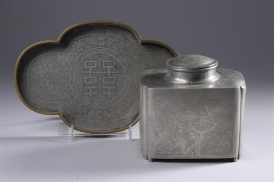 CHINESE PAKTONG TEA CADDY AND TRAY. Each with seal mark. - Tea caddy: 5 in.