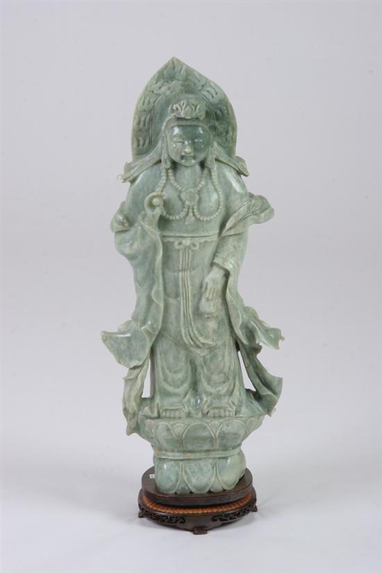 CHINESE GREEN SOAP STONE FIGURE OF GUANYIN, 20th century. - 30 1/2 in. high