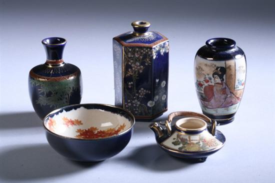 FIVE PIECES JAPANESE SATSUMA EARTHENWARE, Showa period. - Largest: 3 1/2 in