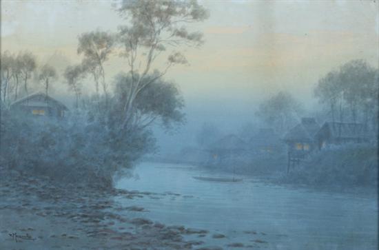 T. MARAMITSU (Japanese, 20th century). RIVERSCAPE WITH HOUSES, Signed lower