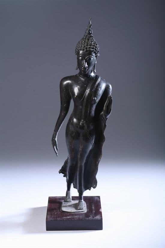 THAI BRONZE FIGURE OF WALKING BUDDHA, Sukhothai style. - 16 1/2 in. high.
