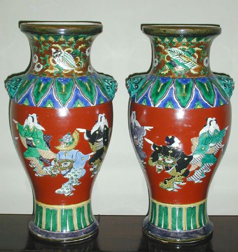 PAIR JAPANESE KUTANI EARTHENWARE VASES, Meiji period. - 12 1/2 in. high.