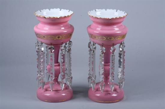 PAIR VICTORIAN PINK GLASS LUSTRES, late 19th century. - 14 in. high.