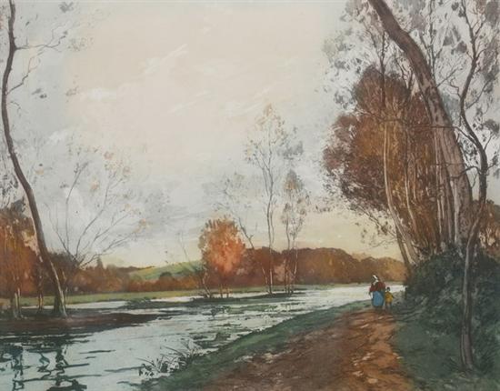 LECOMTE (20th century). STROLLING AT RIVERSIDE, signed in pencil lower righ