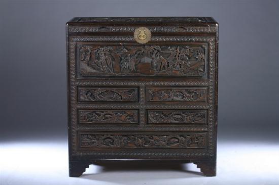 CHINESE CARVED WOOD HINGE-TOP CABINET, 20th century. - 41 in. x 39 in. x 19