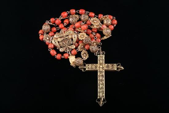 YELLOW GOLD FILIGREE AND ORANGE CORAL BEAD ROSARY.