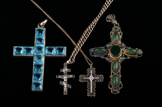 FOUR YELLOW GOLD AND OTHER CHRISTIAN CROSS PENDANTS. - L: 2 1/4 in.