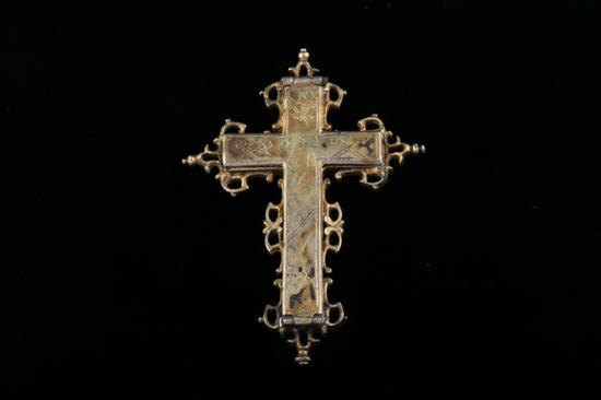 CHRISTIAN CROSS FORM GILT-METAL RELIQUARY. 19th century.