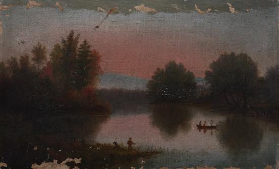 MARY ANN COPELAND (American, 1833-1918). LAKE SCENE WITH BOATERS, inscribed