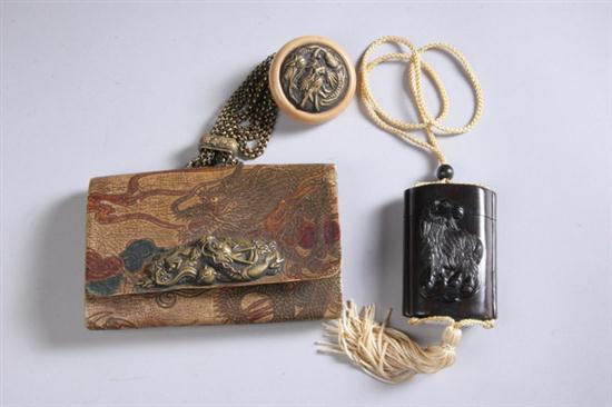 JAPANESE LEATHER POUCH AND OJIME. - Pouch: 3 1/2 in. x 5 1/2 in.; inro: 3 i