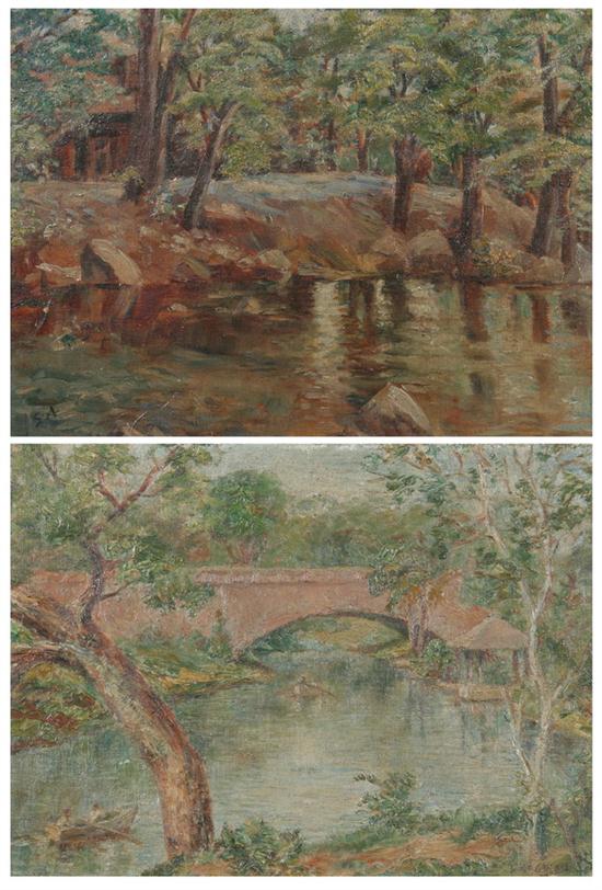 SOLOMON ARONSON (American, 20th century). RIVER VIEW WITH CABIN and RIVER V
