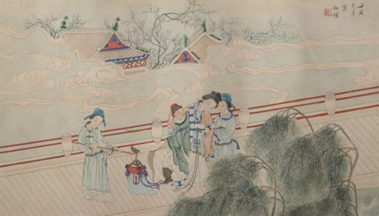 CHINESE SCHOOL. (20th century). Three court ladies on the bridge, Ink and c
