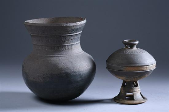 TWO KOREAN GREY STONEWARE VESSELS, Silla period. - Largest: 6 7/8 in. high.