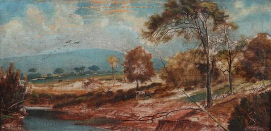 CONTINENTAL SCHOOL (early 20th century). LANDSCAPE WITH COWS AT RIVER, oil