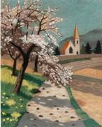 Description: Description: Blanchet & Associes - Arbres en fleurs devant la chapelle