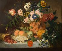 Description: Bonhams Bury St Edmunds, Suffolk - Still life of fruit and flowers on a marble ledge