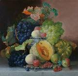 Description: Bonhams Chester - Still life of grapes, melon, pears plums and peaches in a silver bowl