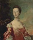 Description: Christie's London, King Street - Portrait of a lady, possibly Elizabeth Pigot (c. 1726-1766), half-length, in a pink dress, with pearls and a shawl, in a wooded landscape