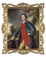 Description: Christie's London, King Street - Portrait of Francis Burdett, three-quarter-length, in the blue velvet coat, red waistcoat and yellow breeches of the Markeaton Hunt, holding a hat and a whip, in a wooded landscape