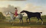 Description: Christie's London, King Street - A liver chesnut racehorse led by a mounted groom in a wooded landscape