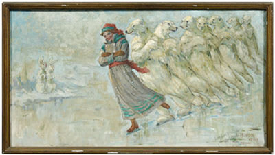 Description: Brunk Auctions - woman skating with a line of polar bears, onlooking rabbits
